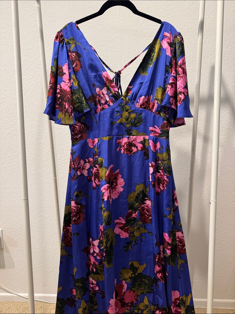 Floral V-Neck Flutter Sleeve Maxi Dress in Royal Blue